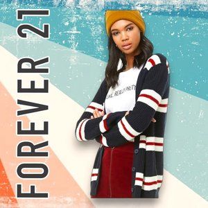 Women's Forever 21 Navy, White & Red Striped Knit Boyfriend Cardigan Size: S